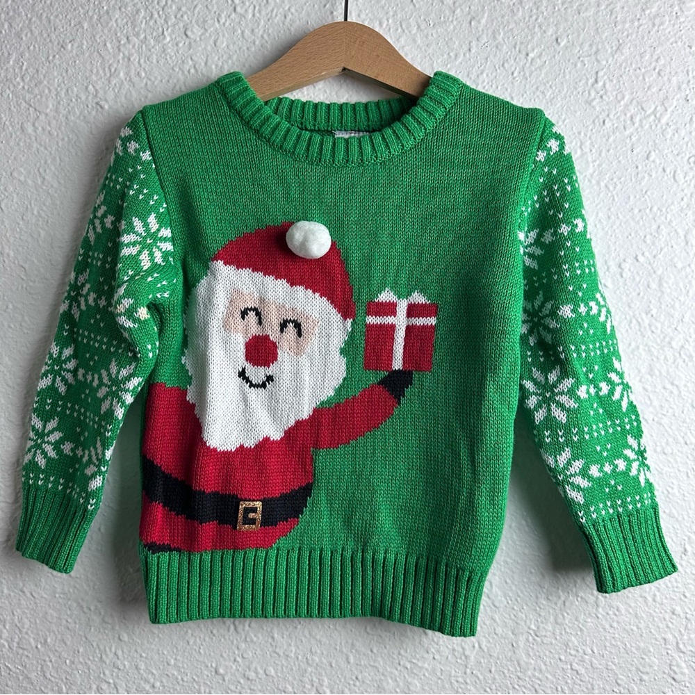 Holiday Time Green Santa Sweater with Snowflake Sleeves